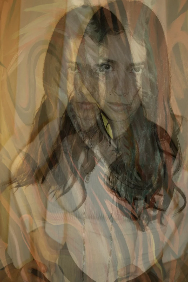 Portrait of Florencia Jerez layered with her brushstrokes